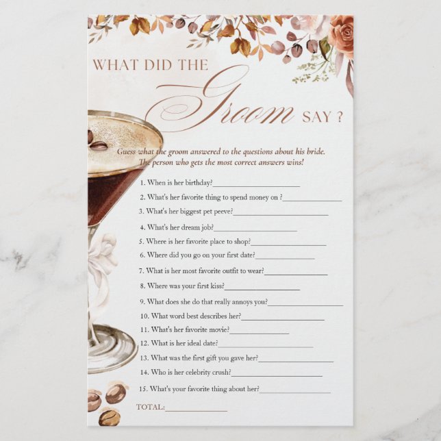 Coffee Martini What Groom Say Bridal Shower Game (Frente)