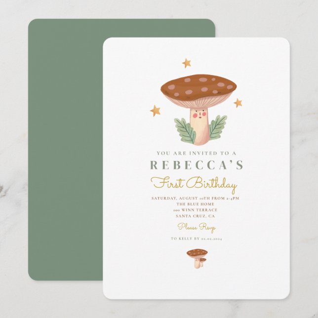 Cogumelos Aquíferos Primeiro Convite de Aniversári (Frente/Verso)