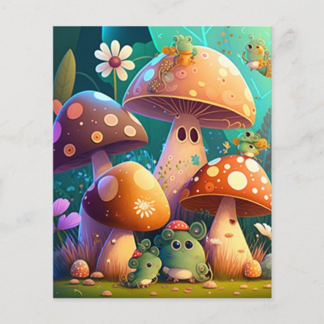 Cogumelos e flores, insetos, folha verde (Frente)