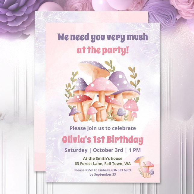 Cogumelos Púrpuros Rosa Queda Convite para primeir (Pink Purple Mushrooms Fall 1st Birthday Invitation)
