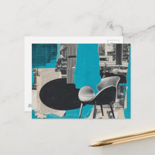 Colagem de cartão postal de piano e cadeira azul p