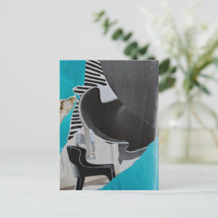 Colagem de cartão postal de piano e cadeira azul p