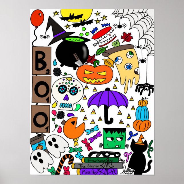 Colagem de Doodle do Halloween 12"x16" Poster (Frente)