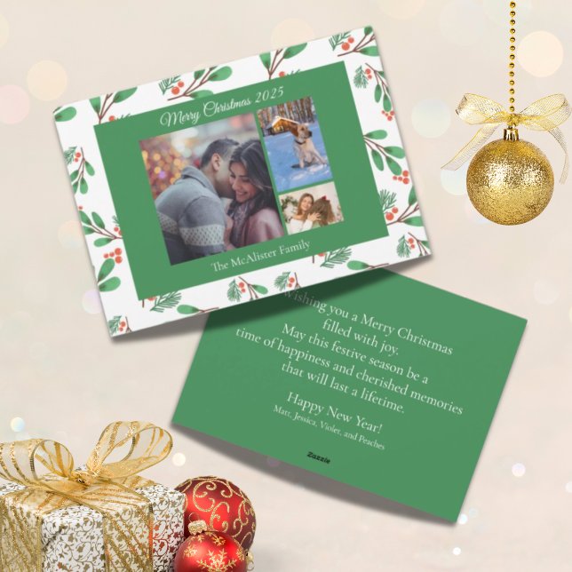 Colagem de Fotografias com Modelo de Aquarela Verd (A festive watercolor holly greenery card featuring a 3 photo collage template for your pictures!)