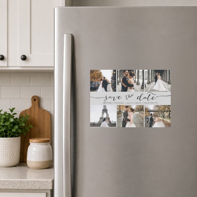 Colagem de Fotos Cinza Moderno Salve a Data (Elegant grey six photo save the date magnet featuring romantic handwritten script typography
)