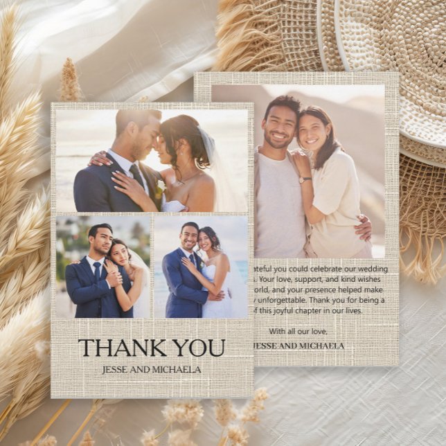 Colagem de Fotos de Agradecimento de Casamento com (Linen 4-photo collage wedding Thank You card)