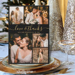 Colagem de Fotos de Agradecimento e Amor no Casame<br><div class="desc">Cartões de Agradecimento de Casamento Elegantes e Minimalistas em Dourado e Preto com 5 Fotos em Colagem. Modelo de cartão de agradecimento de casamento moderno com cinco (5) fotos na frente e uma (1) foto no verso. Com o texto "Amor e gratidão" em uma fonte de letra manuscrita em espiral...</div>