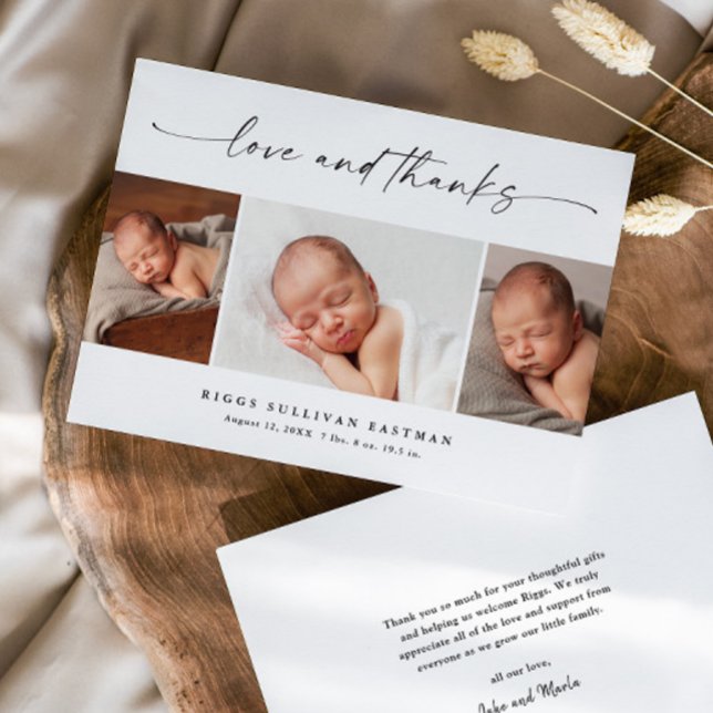 Colagem de Fotos de Amor e Agradecimento com Letra (Modern script love and thanks 3 photo baby thank you cards.)