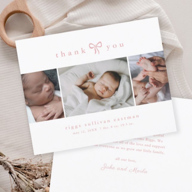 Colagem de Fotos de Menina com Laço Simples Bebê (Simple bow baby girl photo thank you cards.)