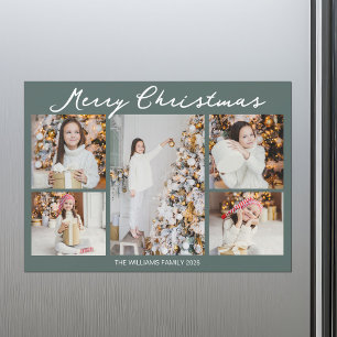 Colagem de Fotos de Natal Cinza Verde Ímã Cartão