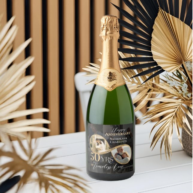 Colagem de Fotos do 50º Aniversário Infinity Then  (50th Anniversary Infinity Then & Now Photo Collage Sparkling Wine Label)