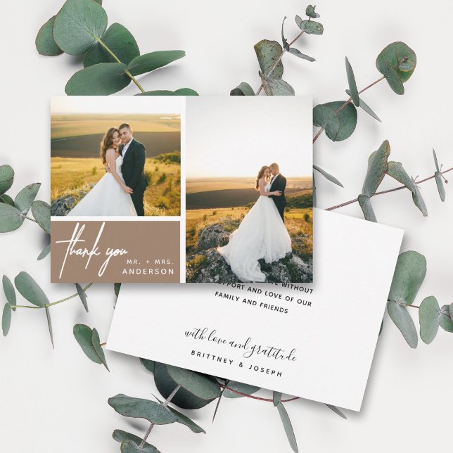 Colagem de Fotos Moderna em Tan Obrigado (Two photo hand lettered thank you wedding card with a minimalistic design perfect for any couple.)