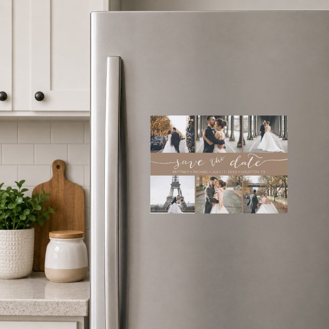 Colagem de Fotos Moderna Save the Date Bege (Elegant taupe six photo save the date magnet featuring modern handwritten script typography )