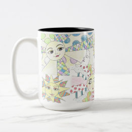 Colagem do Sol Whimsical Uma caneca de café com do