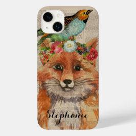 Colagem Floral de Raposa em Aquarela Nome Personal