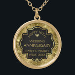 Colar Banhado A Ouro 50º aniversário de casamento Dourado e negro<br><div class="desc">Imagem de um damasco floral brilhante de ouro e diamantes de ouro com um modelo de texto personalizável para você personalizar.</div>