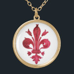 COLAR BANHADO A OURO ANTIGO VERMELHO FLEUR DE LIS EM BRANCO FLORAL HERÁ<br><div class="desc">Antiguidade vintagem heráldica de lírios vermelhos florentina</div>