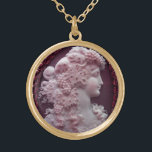 COLAR BANHADO A OURO ANTIQUE CAMEO, SENHORA COM UVAS E GRÁVINAS<br><div class="desc">Joia antiga de cammeo com um belo perfil feminino com cabelos longos ornamentados com uvas e videiras para vinhas</div>