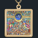 COLAR BANHADO A OURO AVES COLORIDAS E PADRÕES FLORAIS MONOGRAMAS GEM AZ<br><div class="desc">Flores de primavera vibrantes e coloridas e pequenas colírios em ouro e azul. Elegante,  artístico,  antigo inspirado na design,  Art Nouveau Boêmia,  gravado em azul-turquesa,  vermelho,  vermelho-amarelo-ouro,  violeta,  cores brancas com gemstone de safira azul 3D.. Design gráfico digital 3D Modelagem de Lumini Búlgaro (c)</div>