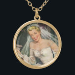 Colar Banhado A Ouro Casamento vintage, Noiva retrô com Flor<br><div class="desc">Imagem de romance e amor com ilustração vítrea apresentando uma florista com uma noiva feliz e sorridente em seu belo vestido com arcos de ornamentado no dia do seu casamento. É hora de ir se casar!</div>
