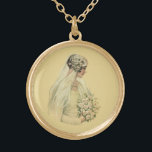 Colar Banhado A Ouro Casamento vintage, Retrato de Noiva Vitoriana<br><div class="desc">Ilustração de safra design de retrato vitoriano de casamento com a noiva em perfil. A bela noiva está em seu vestido de noiva com véu segurando um buquê de flores brancas.</div>