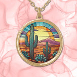 Colar Banhado A Ouro Desert Cactus Sunset Glass<br><div class="desc">Nestes brincos únicos está a bela imagem do cacto do deserto em frente a um pôr do sol em chamas sobre montanhas roxas. As cores predominantes incluem azul,  laranja,  ouro e verde. Elegante,  brilhante e colorido! Certifique-se de ver os brincos correspondentes e a cadeia chave na nossa loja.</div>