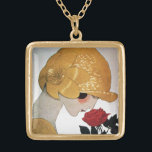 COLAR BANHADO A OURO LADY COM ROSA VERMELHA<br><div class="desc">Vibrante,  ilustração de alta moda da Deco de Arte Francesa. Retrato de uma linda jovem vestindo um chapéu ouro com cor de flor,  branca preta,  amarela,  cinza. Legal,  moderno e design artístico.</div>