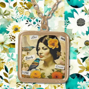 Colar Banhado A Ouro Linda Vintage Mulher com Aves e Flores