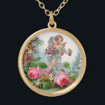COLAR BANHADO A OURO ROSAS E FLORES ROMÂNTICOS DE ROLOS PARA RECOLHA DE<br><div class="desc">Elegante roseiras cor-de-rosa com cupido,  design de estilo vintage para gráficos digitais de Natal e Dia de os namorados e design por Búlgaro Lumini (c)</div>