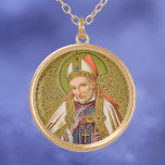 Colar Banhado A Ouro Rua. Alphonsus Liguori (SNV 02) (Redondo)<br><div class="desc">Rua. Alphonsus Maria de Liguori (1696-1787) era um nobre italiano, um advogado que se tornou padre, escritor prolífico, fundador dos Redemtoristas, Bispo e Doutor da Igreja. Aqui, ele é retratado vestindo a regalia de seu Bispo — mitre branca e aranha, luvas violetas claras, roupão violeta azul e cruz de peitoral...</div>