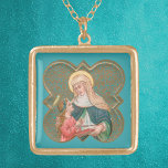 Colar Banhado A Ouro Rua. Anne e BVM num Quatrefoil Barbed (BK67)<br><div class="desc">Rua. Anne—esposa de Ruas. Joachim; mãe de Maria, a Virgem Bênçada; avó de Jesus. Rua. Anne ensinando Mary a ler as Escrituras de um livro ou rolagem é, talvez, *o motivo mais familiar para os espectadores contemporâneos que apresenta este santo. Estatuetas de Ruas. Anne e Young Mary adoram inúmeras igrejas...</div>