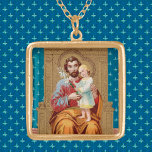 Colar Banhado A Ouro Rua encantada. José com Criança Cristo Toddler<br><div class="desc">Este detalhe de um impressão devocional da Europa Oriental do final do século XIX retrata Ruas. Joseph sentou-se num trono ouro com a Criança Cristo como uma criança de pé no joelho. A Criança Cristo levanta a mão direita em bênção e segura um spray de lírios simbolizando pureza em sua...</div>