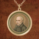 Colar Banhado A Ouro Rua. Ignatius Loyola (BK 050)<br><div class="desc">Ignatius Loyola (1491-1556) foi fundador e primeiro Superior-General da Sociedade de Jesus (Jesuítas). Nesta rotunda, Rua, Ignatius é o estilo jesuíta. Ele veste um simples cassete preto, presumivelmente embrulhado e cincado na cintura não abotoada pela frente, e uma capa preta colorida. No seu peito, o Santo veste um Christograma, o...</div>