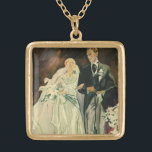 Colar Banhado A Ouro Vintage Art Deco Casamento Noiva e Groom Newlyweds<br><div class="desc">Ilustração Vintage, amor e arte romântica, imagem deco com noiva e noiva caminhando pelo corredor após a cerimônia de casamento. O homem está vestindo um smoking e a mulher está vestindo um vestido branco de casamento e carregando um buquê de flores calla lily. O feliz novo casal começa seu casamento....</div>