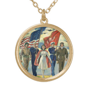 Colar Banhado A Ouro Vintage Patriótico, Orgulho de Heros Militares