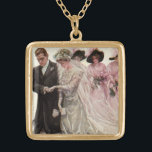 Colar Banhado A Ouro Vintage Victorian Wedemony Node and Groom<br><div class="desc">Ilustração Vintage,  amor e romance,  imagem da cerimônia de casamento vitoriana com a noiva e o noivo se casando. As recém-casadas estão ajoelhadas em um travesseiro e as damas de honra estão vestindo chapéus de rico elegantes com penas e segurando buquês de flores. Harrison Fisher,  intitulado O Casamento.</div>