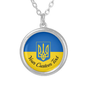 Colar Banhado A Prata Bandeira ucraniana com casaco de armas e texto per