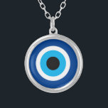 Colar Banhado A Prata Blue Mati charm round Mau Tye Talisman<br><div class="desc">Azul Mati em Mau,  talisman Silver Plated Necklace. Símbolo amuleto grego/turco azul para proteção e boa sorte. Presentes de favores personalizados para Festa de aniversário,  casamento,  etc.</div>