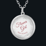 Colar Banhado A Prata Crimson Red Script com Lace Border Flower Girl<br><div class="desc">Este lindo colar prateado é projetado como presente de casamento ou favor para suas floreiras. Ele apresenta uma borda de cinza prateada ornamentado com o texto "Flower Girl" escrito em letra de escrita vermelha de crimson de rico. Há espaço para o nome dela abaixo. Uma bela maneira de a obrigado...</div>
