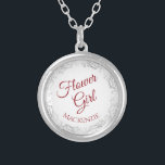 Colar Banhado A Prata Crimson Red Script com Lace Border Flower Girl<br><div class="desc">Este lindo colar prateado é projetado como presente de casamento ou favor para suas floreiras. Ele apresenta uma borda de cinza prateada ornamentado com o texto "Flower Girl" escrito em letra de escrita vermelha de crimson de rico. Há espaço para o nome dela abaixo. Uma bela maneira de a obrigado...</div>