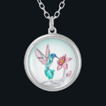 Colar Banhado A Prata Doce Hummingbird e Impressão de Arte Cristal Flor<br><div class="desc">Beija-flor e design de flor elegantes.</div>