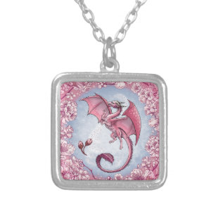 Colar Banhado A Prata Dragão rosa da Primavera Nature Fantasy Art