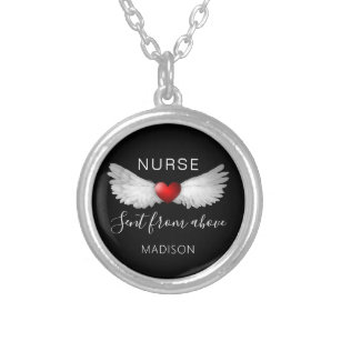Colar Banhado A Prata Enfermeira Moderna Vermelha Coração Anjo Asas Pers
