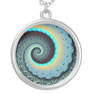 Colar Banhado A Prata Espiral de Arte Fractal Laranja abstrato azul Turq