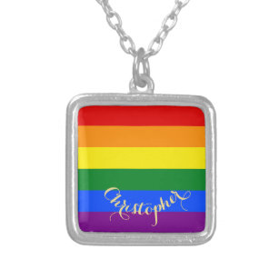 Colar Banhado A Prata Gay LGBT Orgulho Lésbico Bandeira do Arco-Íris Mon