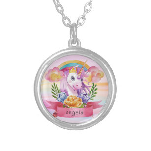 Colar Banhado A Prata Girls Cute Purple Unicorn Rainbow Nome Personaliza