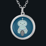 Colar Banhado A Prata Ilustração de Robô Bonito<br><div class="desc">Robô bonito e amigável. Este robozinho adorável tem uma antena em cima da cabeça e uma roda na parte inferior para se mover. Seus braços têm apertos graciosos por agarrar as coisas e têm um típico rosto robótico sem expressão.</div>
