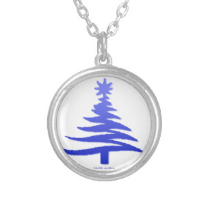 Colar Banhado A Prata Impressão Azul-Estêncil de Árvore de Natal Moderno