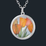 Colar Banhado A Prata Laranja Citrus Tulips<br><div class="desc">pintura aquosa de tulipas cor de laranja transparente</div>