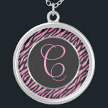 Colar Banhado A Prata Letra Rico de Impressão Zebra Rosa C<br><div class="desc">Letra de script A em cor-de-rosa em um plano de fundo de impressão zebra preto-e-rosa.</div>